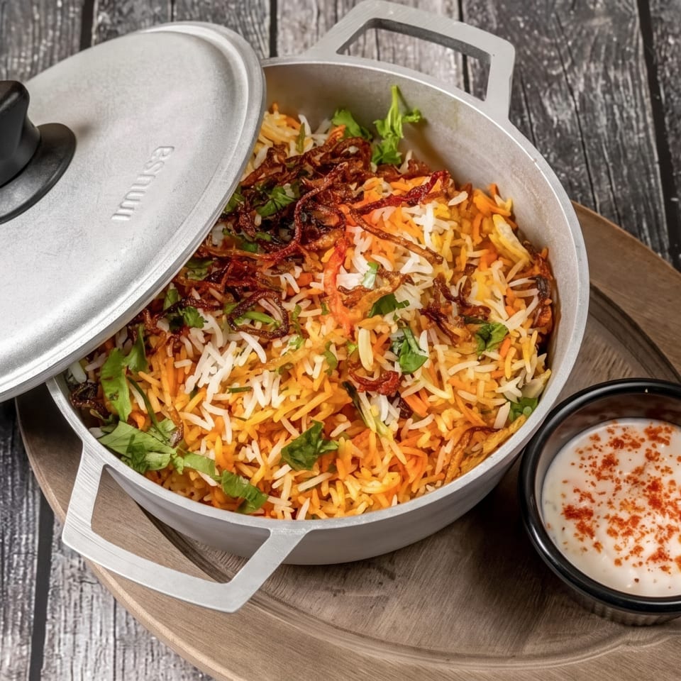Biryani with fried onions and cilantro in a pot with a side of raita on a wooden tray.