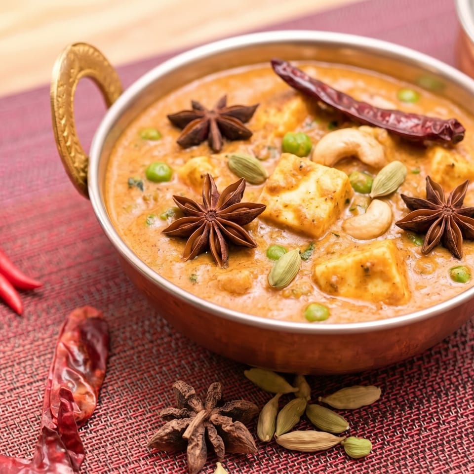 Indian paneer curry with peas, cashews, star anise, and dried chilies in a copper bowl.
